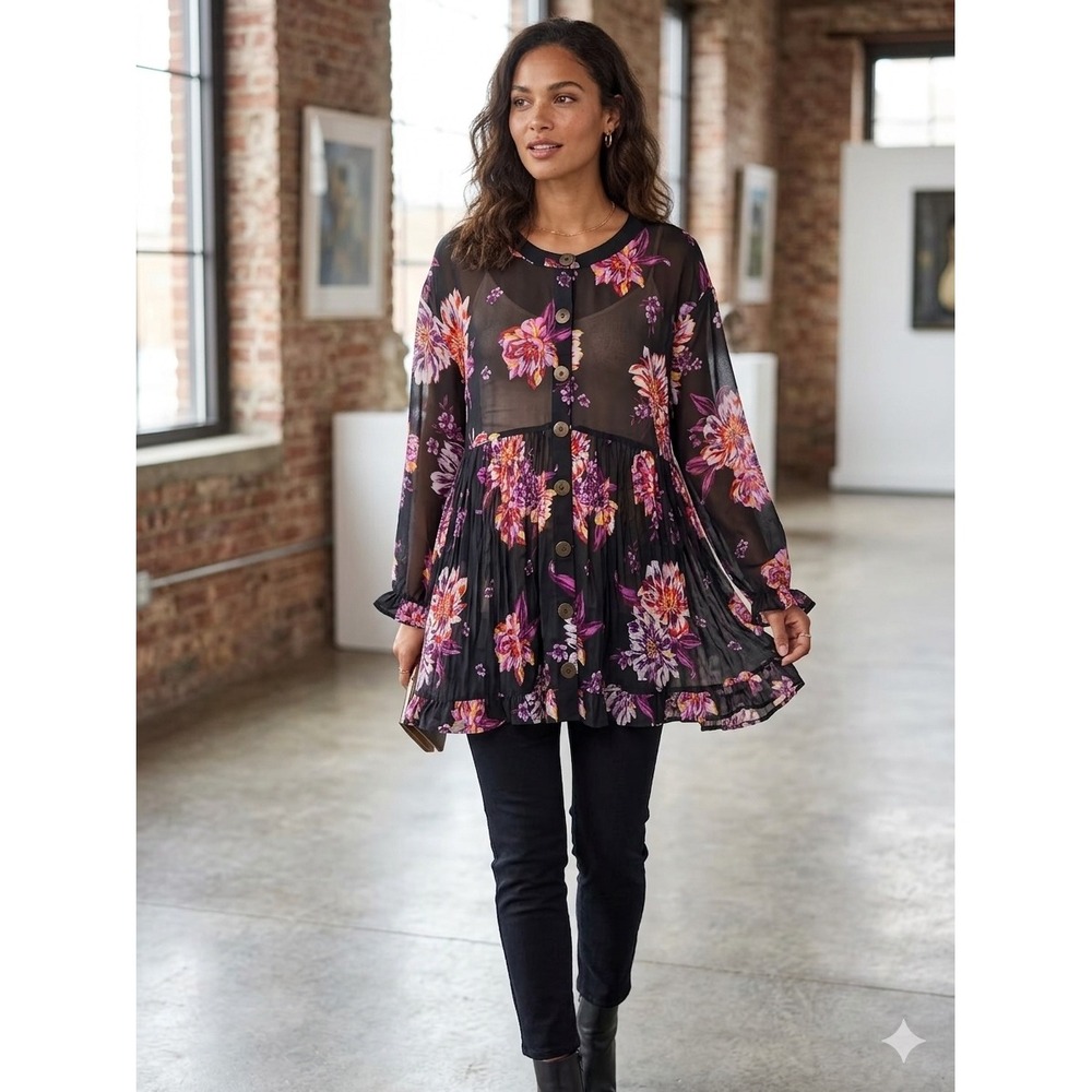 Cottagecore Womens Tunic 2X Black Floral Sheer Mesh Babydoll Button Front Top